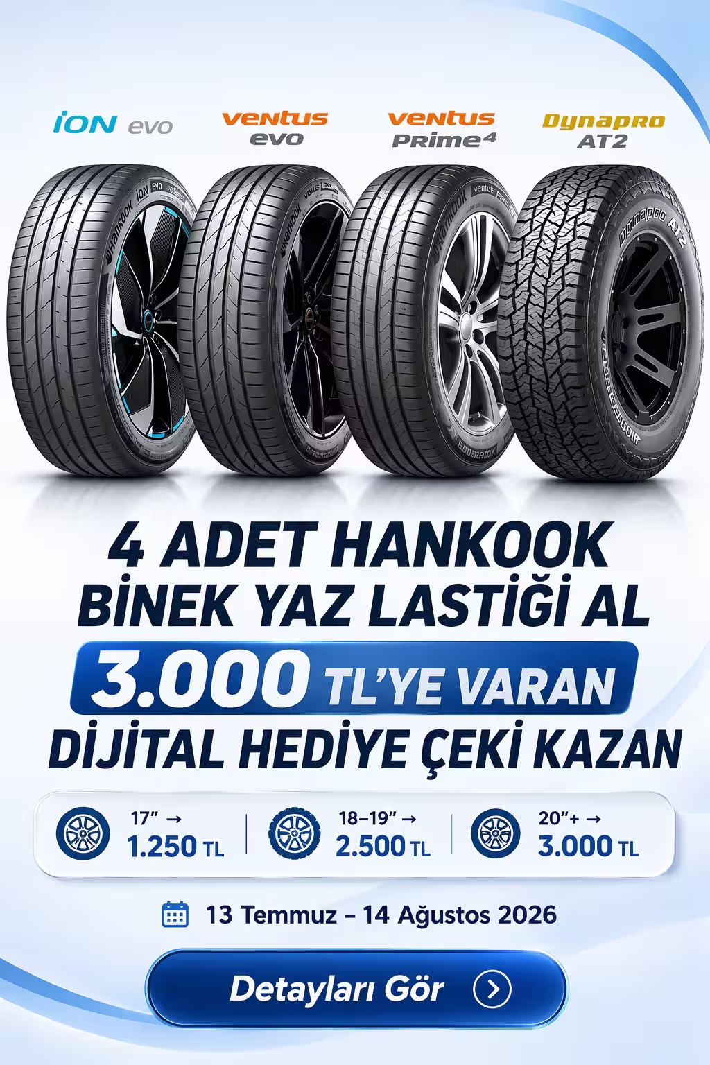 4 Adet Hankook Binek Yaz Lastiği Al, 3.000 TL’ye Varan Dijital Hediye Çeki Kazan